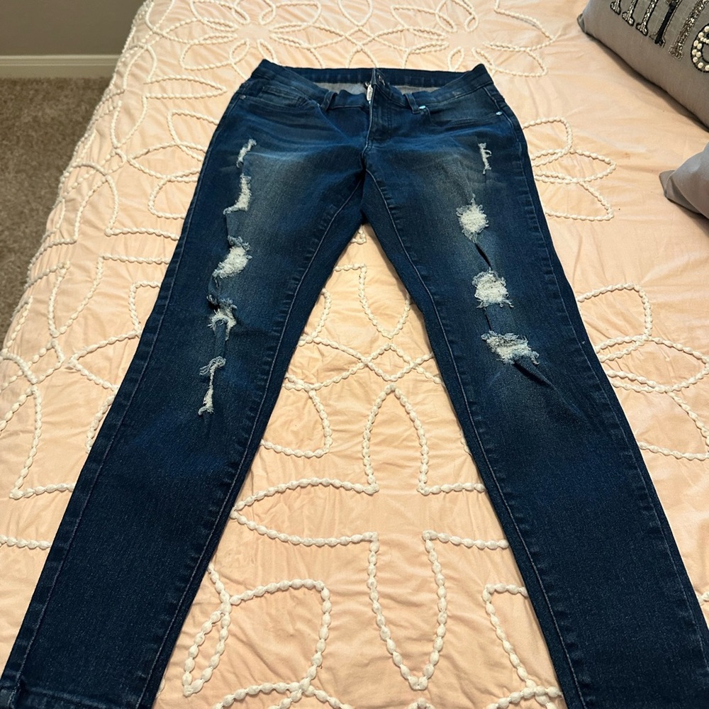 VENUS Dark Blue Distressed Skinny Jeans
